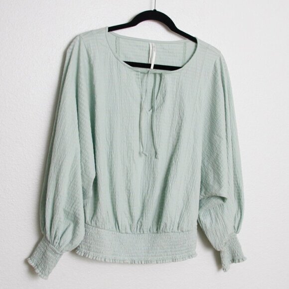 Anthropologie Rebecca Smocked Puff Sleeve Textured Peasant Blouse Light Green S - Picture 3 of 8